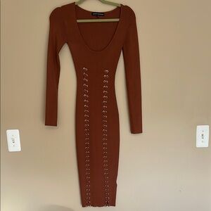 Naked Wardrobe Brown Long Sleeve Dress with Eyelet Detail